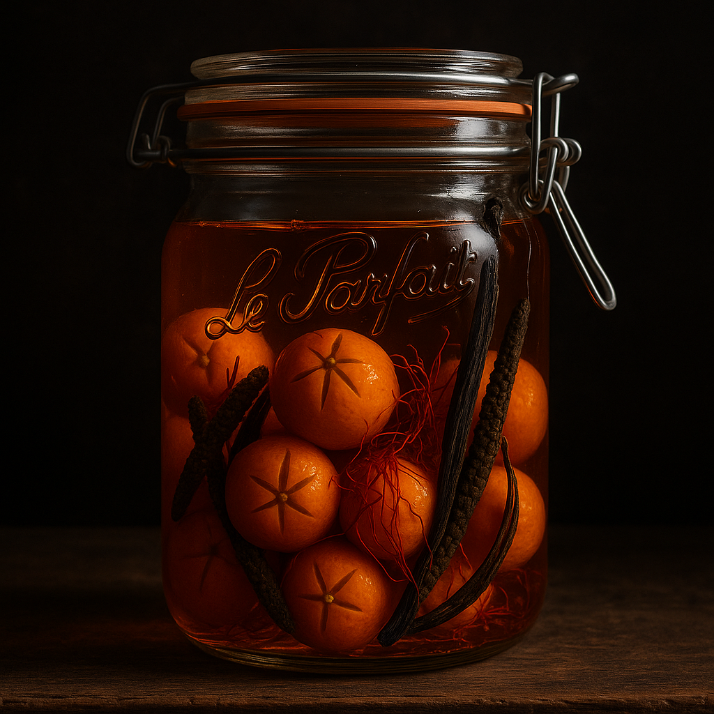 Rhum arrangé kumquat confit, safran normand & poivre long
