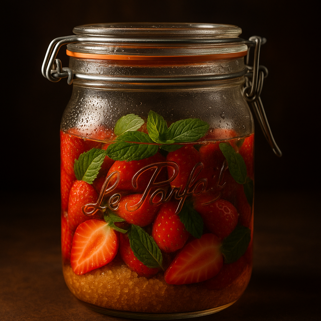 Rhum arrangé fraise gariguette, feuille de menthe poivrée & sucre de canne blond