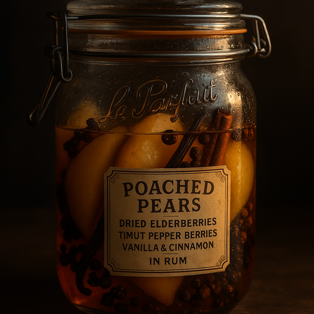 Rhum arrangé poire pochée, sureau & poivre de Timut